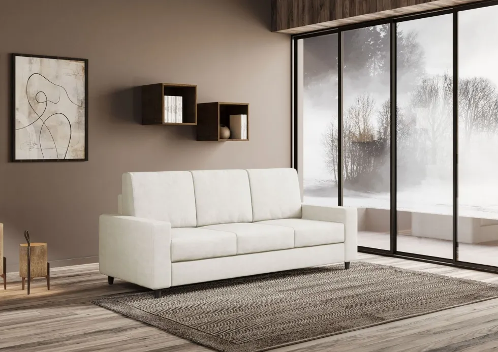 Divano 208x85cm design a tre posti con bracciolo moderno quadrato idrorepellente bianco latte DI14