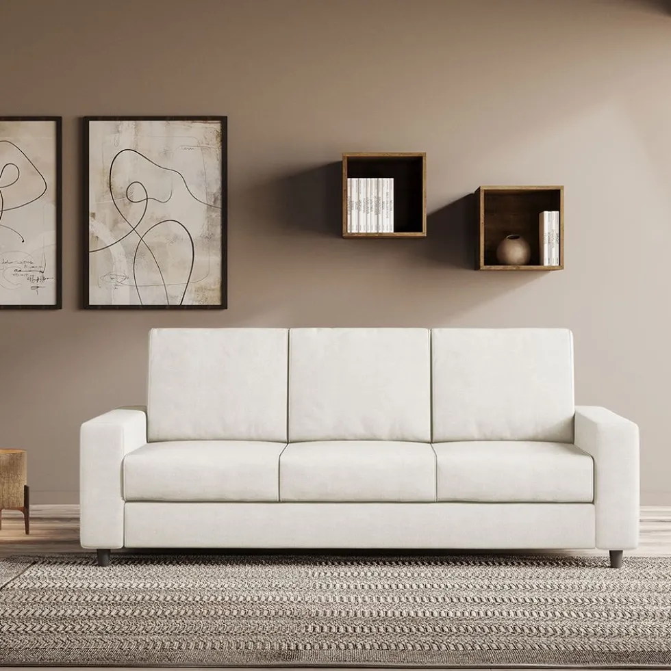 Divano 208x85cm design a tre posti con bracciolo moderno quadrato idrorepellente bianco latte DI14