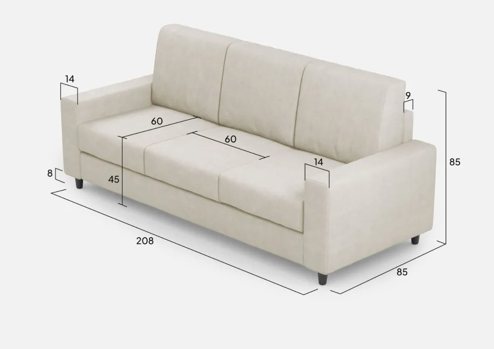 Divano 208x85cm design a tre posti con bracciolo moderno quadrato idrorepellente bianco latte DI14