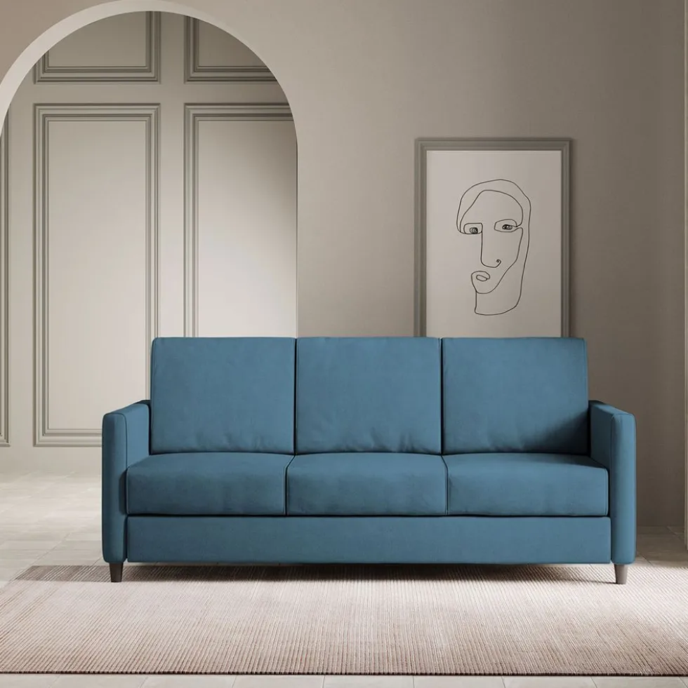 Divano 198x85cm design a tre posti tessuto idrorepellente blu avio DI25