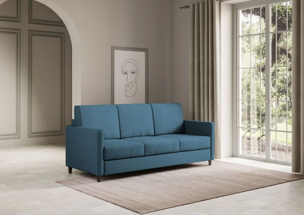 Divano 198x85cm design a tre posti tessuto idrorepellente blu avio DI25