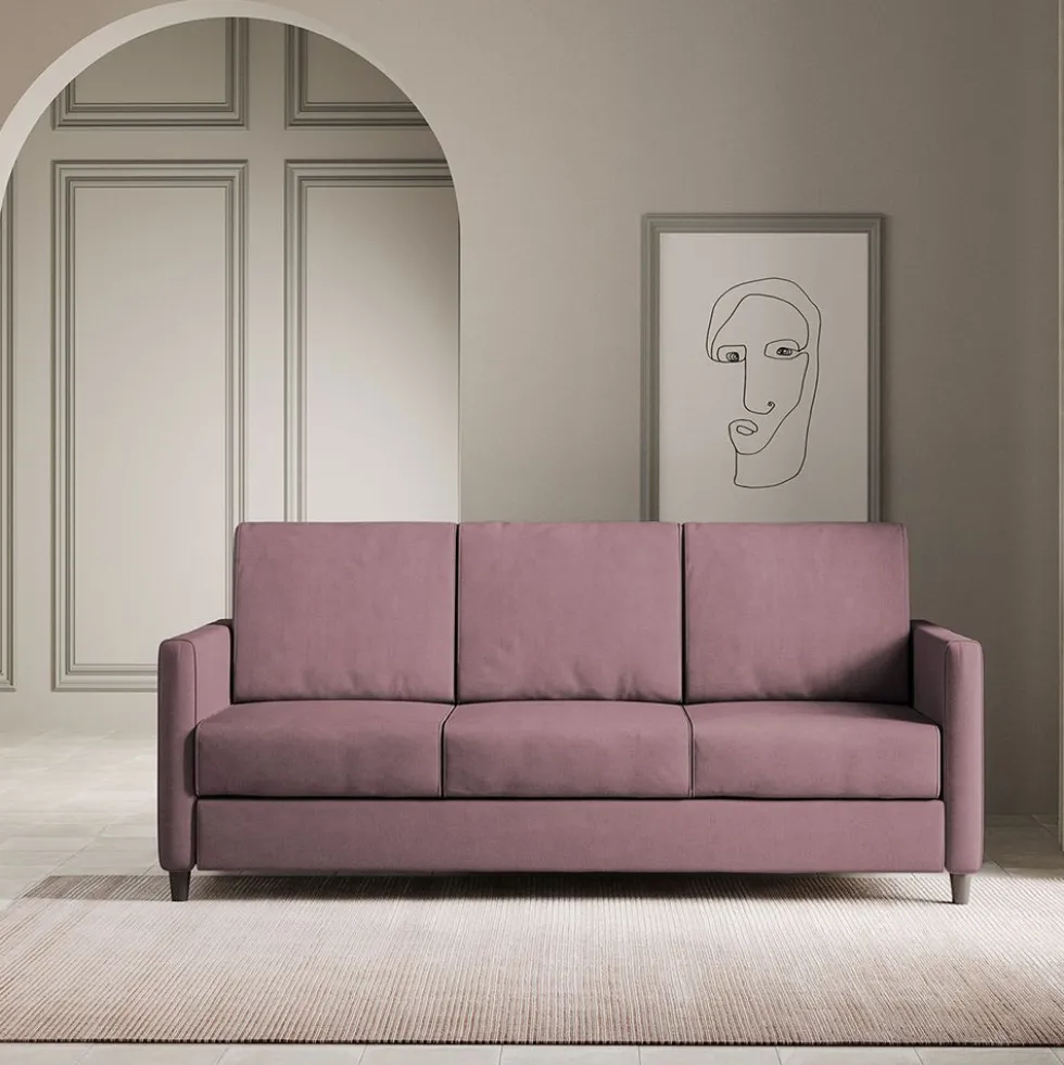 Divano 198x85cm design a tre posti tessuto idrorepellente prugna DI25