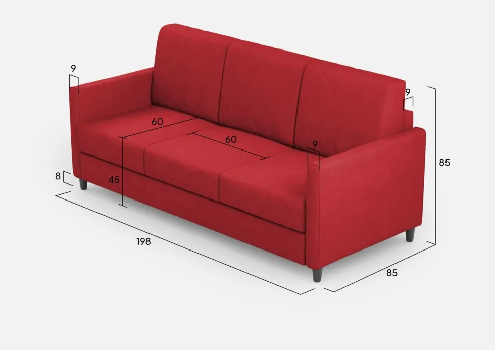 Divano 198x85cm design a tre posti tessuto idrorepellente rosso DI25