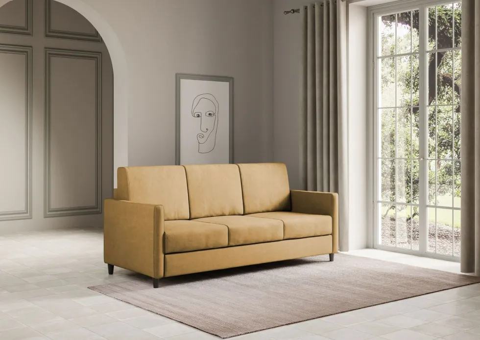 Divano 198x85cm design a tre posti tessuto idrorepellente ocra DI25