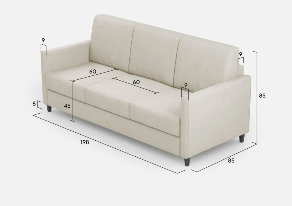 Divano 198x85cm design a tre posti tessuto idrorepellente bianco latte DI25