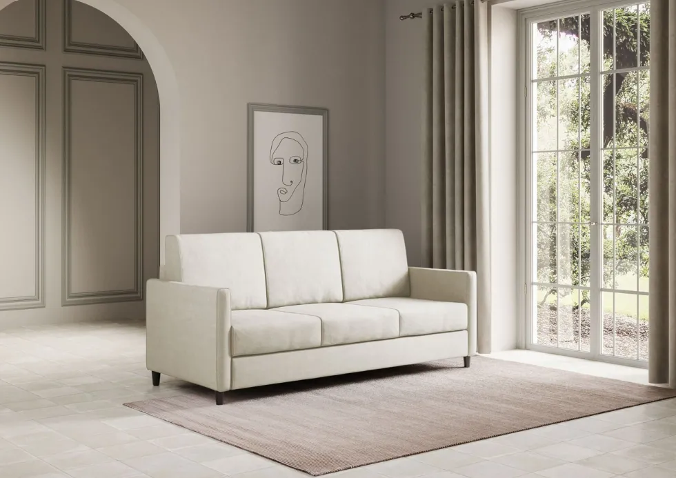 Divano 198x85cm design a tre posti tessuto idrorepellente bianco latte DI25