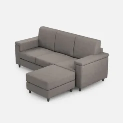 Divano 208x85 design a tre posti con bracciolo squadrato e pouf idrorepellente grigio DI6