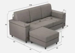 Divano 208x85 design a tre posti con bracciolo squadrato e pouf idrorepellente grigio DI6