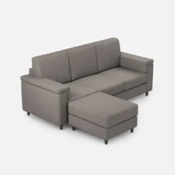 Divano 208x85 design a tre posti con bracciolo squadrato e pouf idrorepellente grigio DI6