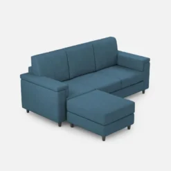 Divano 208x85 design a tre posti con bracciolo squadrato e pouf idrorepellente blu avio DI6