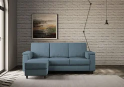 Divano 208x85 design a tre posti con bracciolo squadrato e pouf idrorepellente blu avio DI6