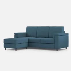 Divano 208x85 design a tre posti con bracciolo squadrato e pouf idrorepellente blu avio DI6
