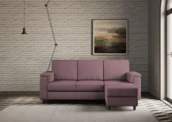 Divano 208x85 design a tre posti con bracciolo squadrato e pouf idrorepellente prugna DI6