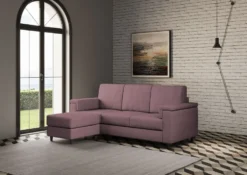 Divano 208x85 design a tre posti con bracciolo squadrato e pouf idrorepellente prugna DI6