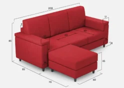 Divano 208x85 design a tre posti con bracciolo squadrato e pouf idrorepellente rosso DI6