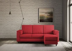 Divano 208x85 design a tre posti con bracciolo squadrato e pouf idrorepellente rosso DI6