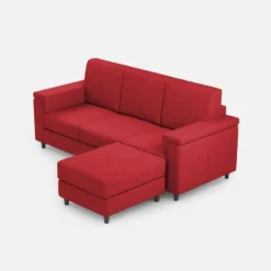 Divano 208x85 design a tre posti con bracciolo squadrato e pouf idrorepellente rosso DI6