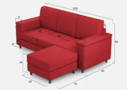 Divano 208x85 design a tre posti con bracciolo squadrato e pouf idrorepellente rosso DI6