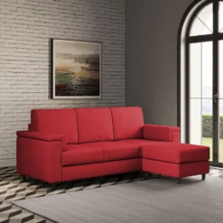 Divano 208x85 design a tre posti con bracciolo squadrato e pouf idrorepellente rosso DI6
