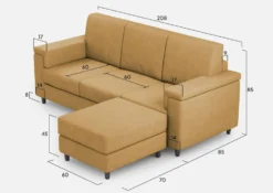 Divano 208x85 design a tre posti con bracciolo squadrato e pouf idrorepellente ocra DI6