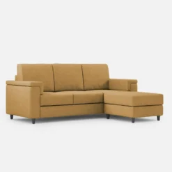 Divano 208x85 design a tre posti con bracciolo squadrato e pouf idrorepellente ocra DI6