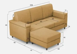 Divano 208x85 design a tre posti con bracciolo squadrato e pouf idrorepellente ocra DI6