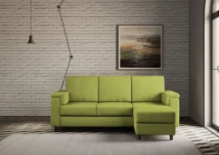 Divano 208x85 design a tre posti con bracciolo squadrato e pouf idrorepellente verde DI6