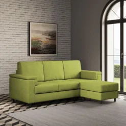 Divano 208x85 design a tre posti con bracciolo squadrato e pouf idrorepellente verde DI6
