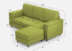 Divano 208x85 design a tre posti con bracciolo squadrato e pouf idrorepellente verde DI6