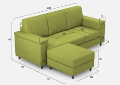 Divano 208x85 design a tre posti con bracciolo squadrato e pouf idrorepellente verde DI6