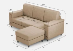 Divano 208x85 design a tre posti con bracciolo squadrato e pouf idrorepellente beige DI6