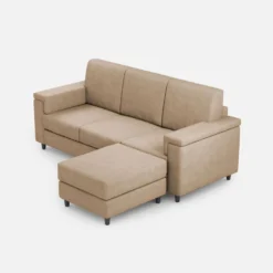 Divano 208x85 design a tre posti con bracciolo squadrato e pouf idrorepellente beige DI6