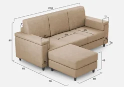 Divano 208x85 design a tre posti con bracciolo squadrato e pouf idrorepellente beige DI6