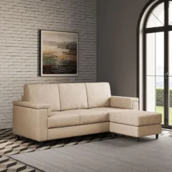 Divano 208x85 design a tre posti con bracciolo squadrato e pouf idrorepellente beige DI6
