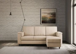 Divano 208x85 design a tre posti con bracciolo squadrato e pouf idrorepellente beige DI6