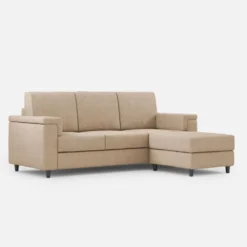 Divano 208x85 design a tre posti con bracciolo squadrato e pouf idrorepellente beige DI6