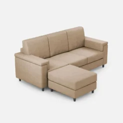 Divano 208x85 design a tre posti con bracciolo squadrato e pouf idrorepellente beige DI6
