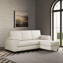Divano 208x85 design a tre posti con bracciolo squadrato e pouf idrorepellente bianco latte DI6