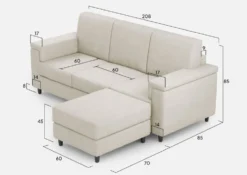 Divano 208x85 design a tre posti con bracciolo squadrato e pouf idrorepellente bianco latte DI6