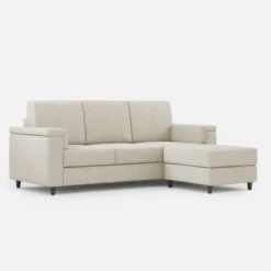 Divano 208x85 design a tre posti con bracciolo squadrato e pouf idrorepellente bianco latte DI6