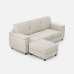 Divano 208x85 design a tre posti con bracciolo squadrato e pouf idrorepellente bianco latte DI6
