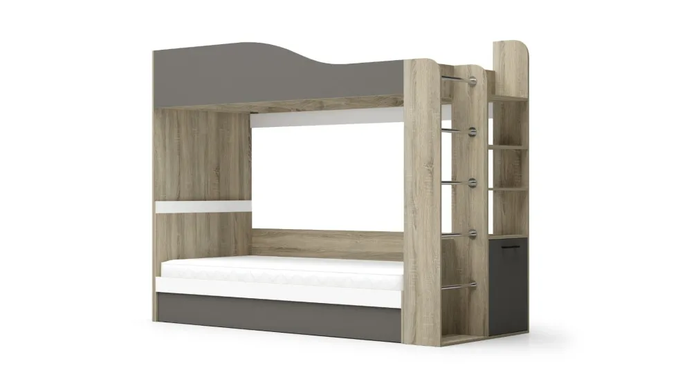 Letto a castello contenitore con scaletta 90x200 cm rovere bianco e grigio LG70
