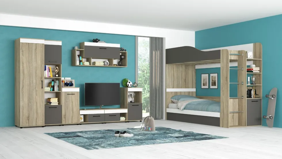 Letto a castello contenitore con scaletta 90x200 cm rovere bianco e grigio LG70