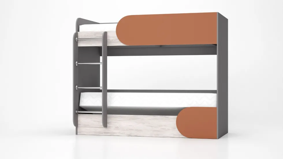 Letto a castello contenitore con scaletta 82x190 cm in grigio, legno bianco e arancio LG13