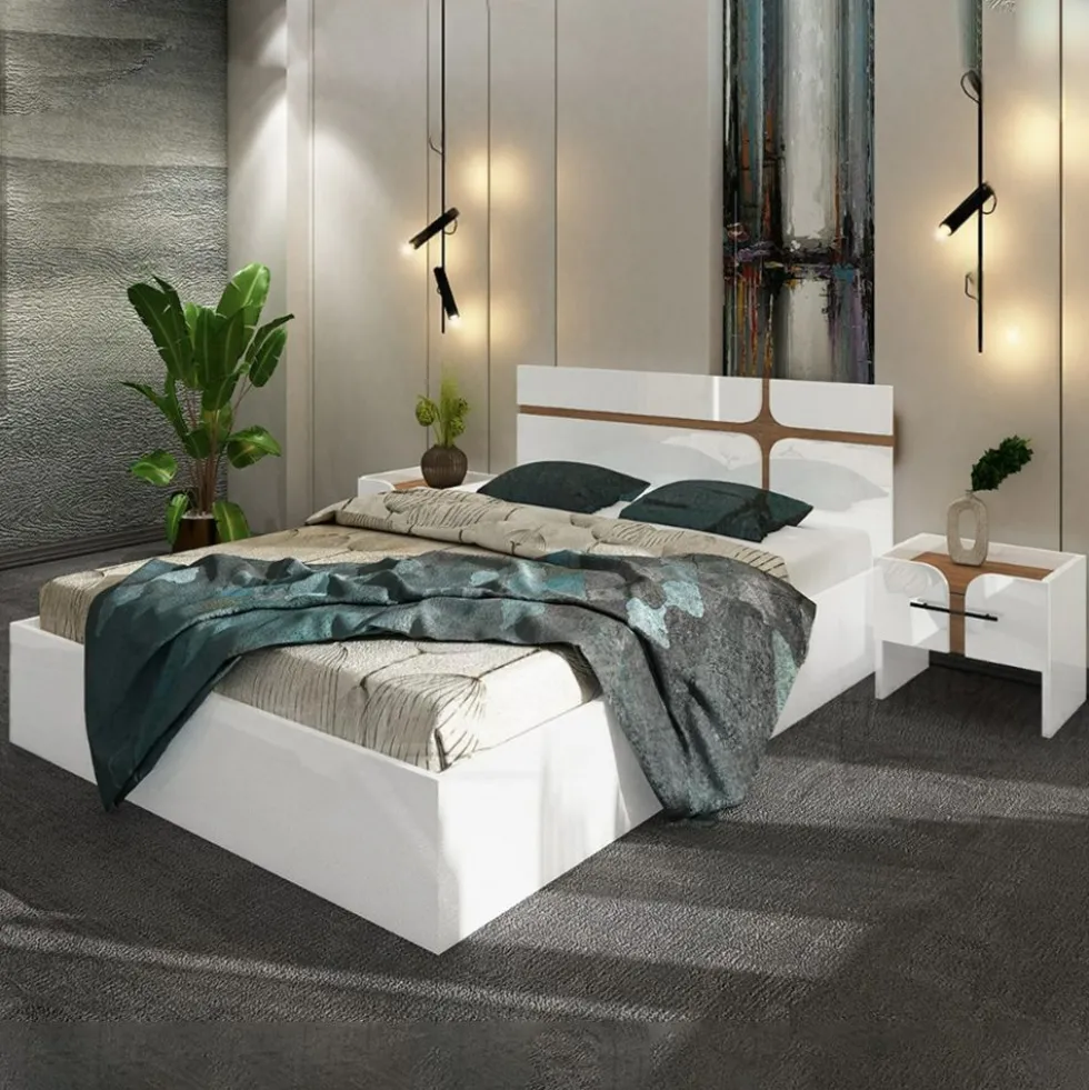 Letto contenitore alla francese 140x200 cm con comodini bianco lucido e noce LU46