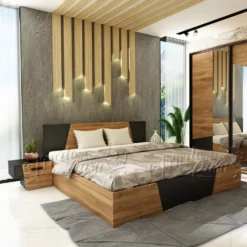Letto contenitore matrimoniale nero e rovere LU40
