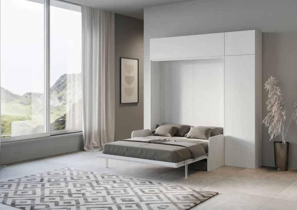 Letto matrimoniale a scomparsa con divano e pensili KNT18