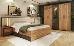 Letto matrimoniale contenitore 160x200 cm con comodini e luce LED in grafite e rovere LU48