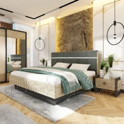 Letto matrimoniale contenitore con comodini 160x200cm grafite quercia beige LU44