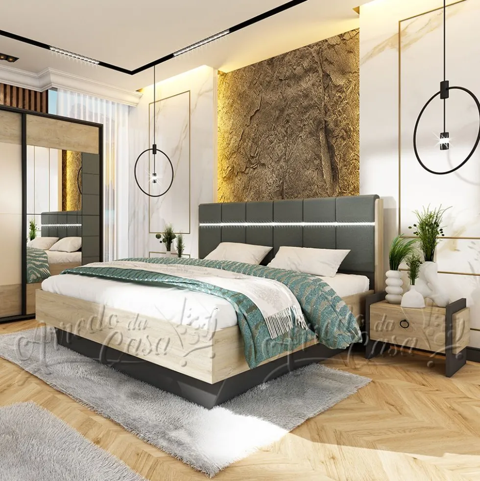 Letto matrimoniale contenitore con comodini 160x200cm grafite quercia beige LU44
